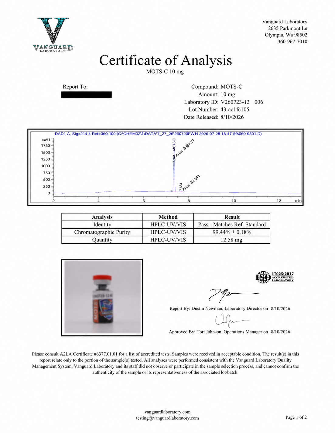 MOTS-C-20 Certificate of Analysis