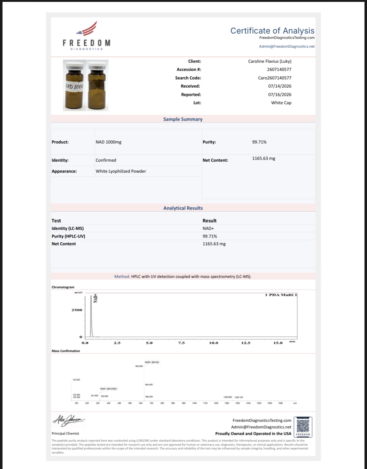 NAD+-1000 Certificate of Analysis