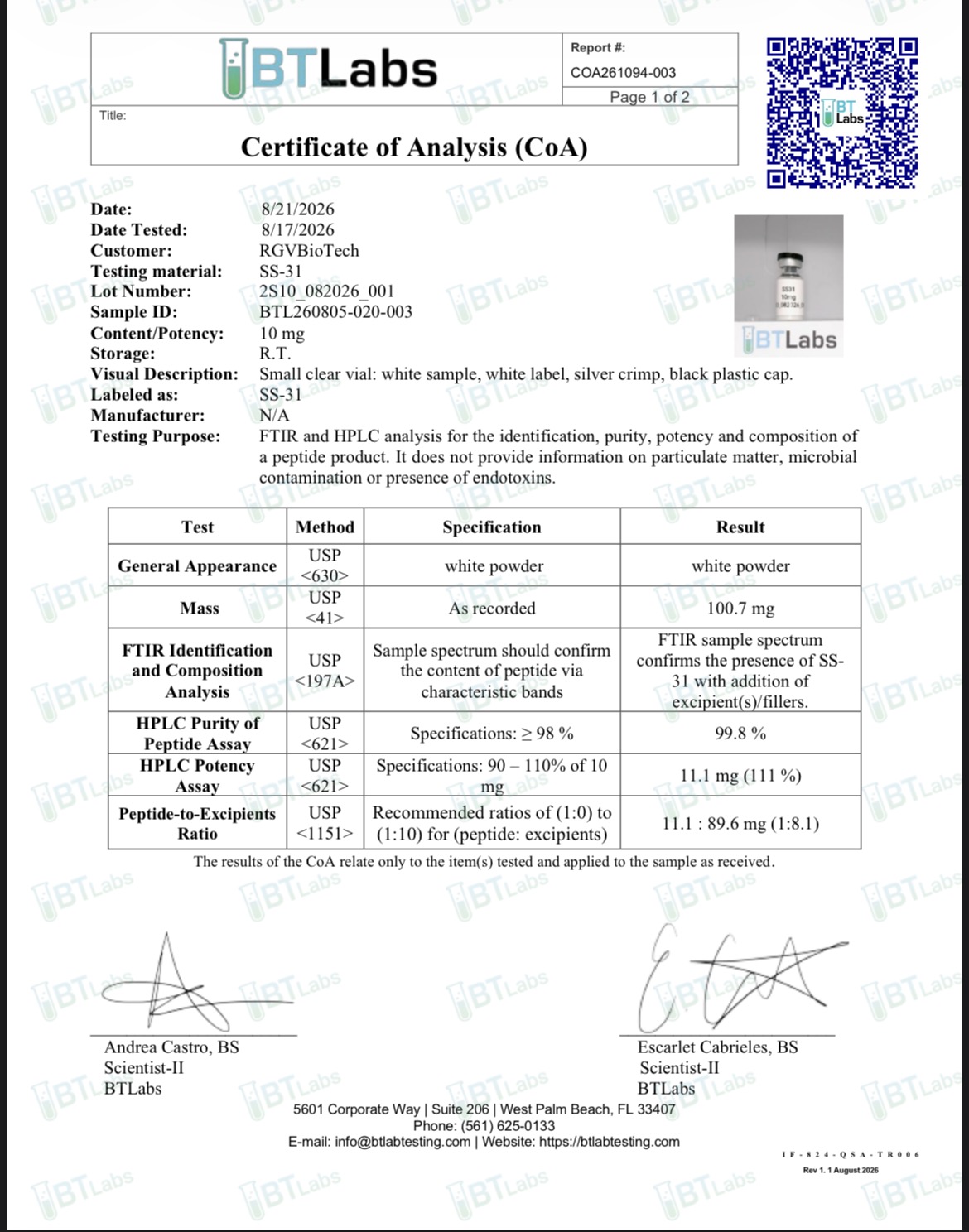 SS-31-10 Certificate of Analysis (2 of 2)