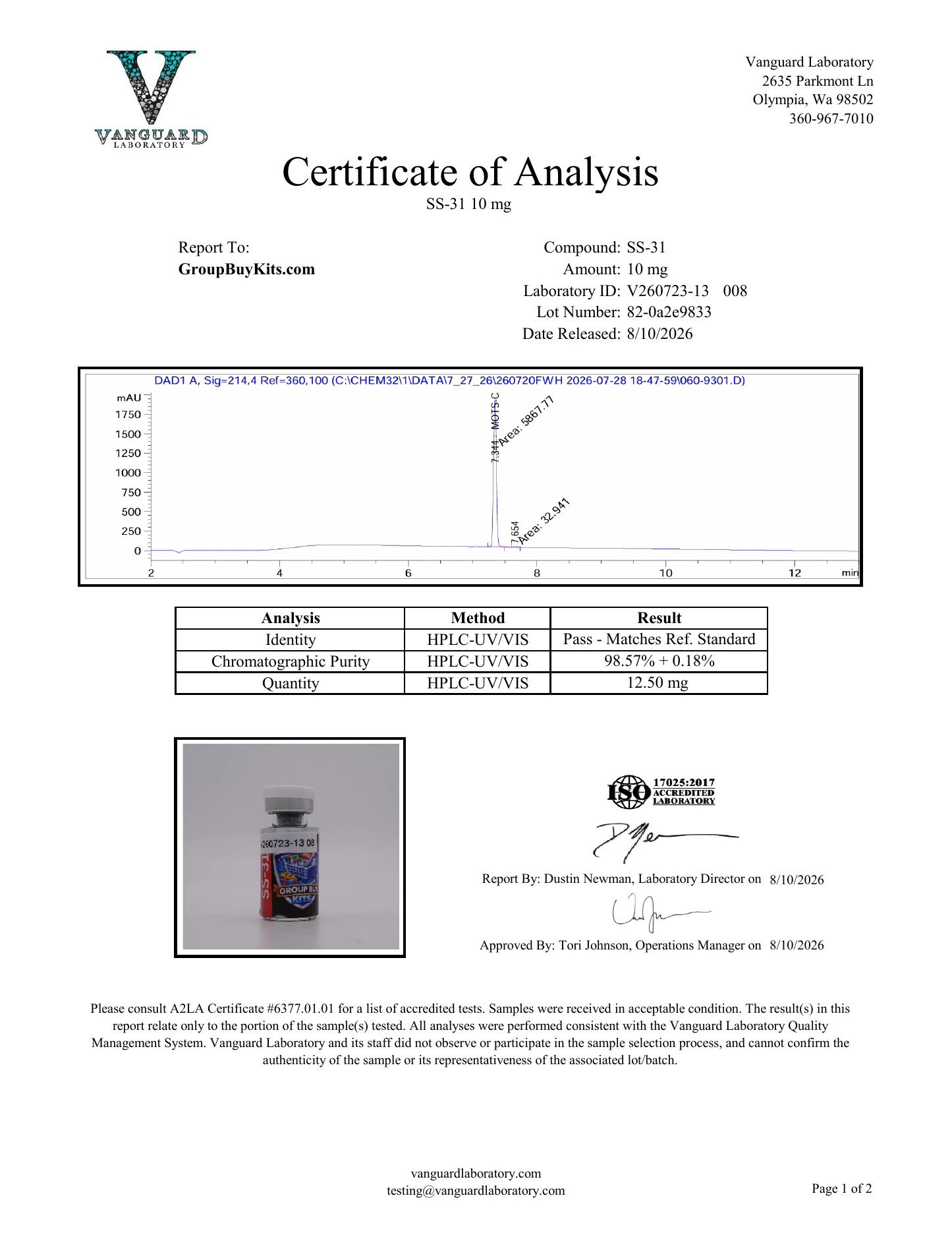 SS-31-10 Certificate of Analysis (1 of 2)